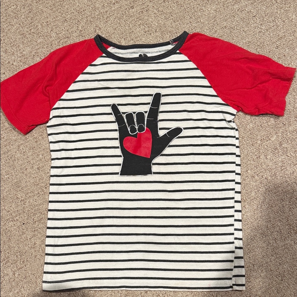 Dot Dot Smile Red and White Striped Tee with Heart Hand Design